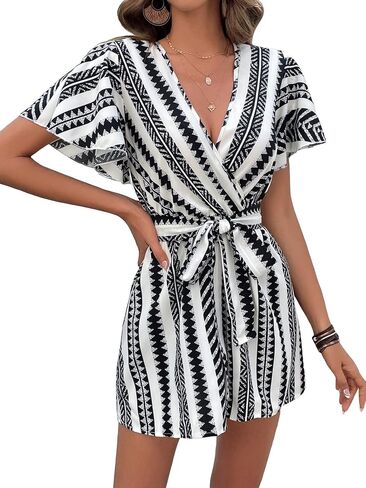 WDIRARA Women's V Neck Cut Out Flutter Short Sleeve Geo Print Belted Boho Romper in Saudi Arabia