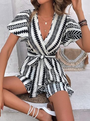 WDIRARA Women's V Neck Cut Out Flutter Short Sleeve Geo Print Belted Boho Romper in Saudi Arabia