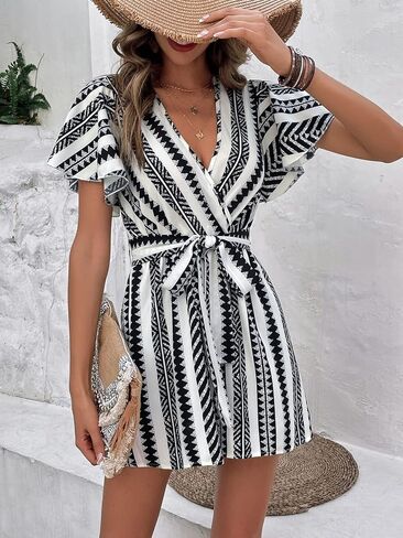 WDIRARA Women's V Neck Cut Out Flutter Short Sleeve Geo Print Belted Boho Romper in Saudi Arabia