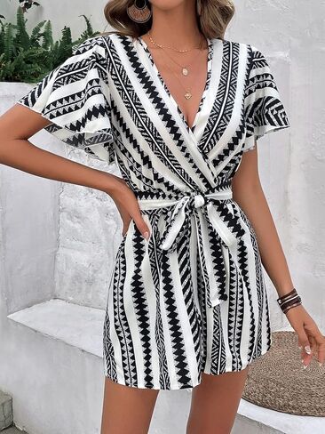 WDIRARA Women's V Neck Cut Out Flutter Short Sleeve Geo Print Belted Boho Romper in Saudi Arabia