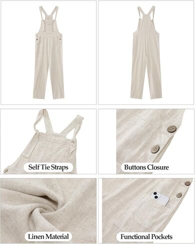 Vetinee 2023 حللا للنساء عادية فضفاض الكتان عموما بذلة بوهو لاعبا ملابس الصيف جيوب مريلة وزرة in Kuwait