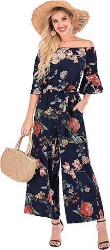 Women's Summer Floral Off Shoulder ruffled Short Sleeve High Waist Wide Leg Pants Casual Loose Jumpsuit in Kuwait