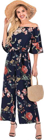 Women's Summer Floral Off Shoulder ruffled Short Sleeve High Waist Wide Leg Pants Casual Loose Jumpsuit in Kuwait