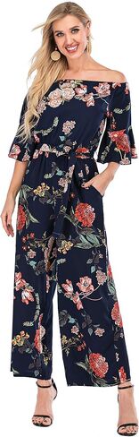 Women's Summer Floral Off Shoulder ruffled Short Sleeve High Waist Wide Leg Pants Casual Loose Jumpsuit in Kuwait