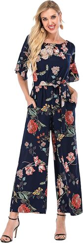 Women's Summer Floral Off Shoulder ruffled Short Sleeve High Waist Wide Leg Pants Casual Loose Jumpsuit in Kuwait