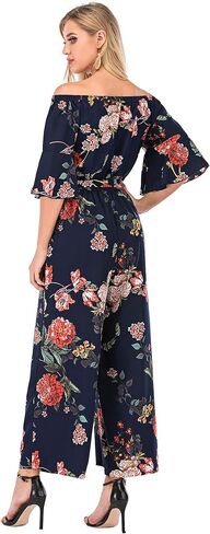 Women's Summer Floral Off Shoulder ruffled Short Sleeve High Waist Wide Leg Pants Casual Loose Jumpsuit in Kuwait