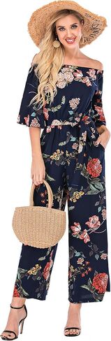 Women's Summer Floral Off Shoulder ruffled Short Sleeve High Waist Wide Leg Pants Casual Loose Jumpsuit in Kuwait