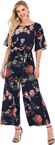 Women's Summer Floral Off Shoulder ruffled Short Sleeve High Waist Wide Leg Pants Casual Loose Jumpsuit in Kuwait