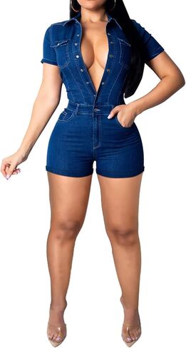 بذلة جينز مثيرة للنساء كاجوال بأكمام طويلة مع جيوب بسحاب in Kuwait