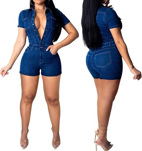 بذلة جينز مثيرة للنساء كاجوال بأكمام طويلة مع جيوب بسحاب in Kuwait