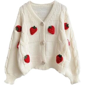 Womens Kawaii Strawberry Knit Cropped Sweater Cute Cardigan Aesthetic for Teen Girls Floral Y2k Korean School Uniform Jacket