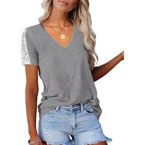 Eachyes Womens Lace Short Sleeve V Neck T Shirts Summer Casual Tops Loose Fit Tees Blouses