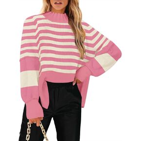 ETCYY NEW Women's Turtleneck Long Sleeve Striped 2023 Fall Oversized Loose Soft Knit Side Slit Pullover Sweater Tunic Tops