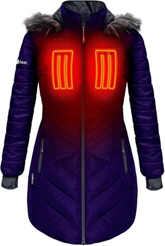 سترة منتفخة طويلة قابلة للتدفئة ببطارية 5 فولت للنساء مع غطاء رأس من الفرو الصناعي، تدفئة ثلاثية المناطق، تحكم باللمس، بنك الطاقة in Kuwait