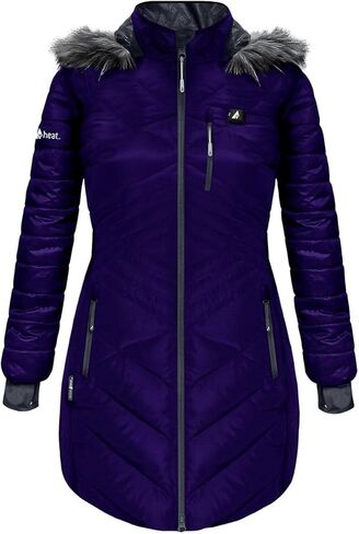 سترة منتفخة طويلة قابلة للتدفئة ببطارية 5 فولت للنساء مع غطاء رأس من الفرو الصناعي، تدفئة ثلاثية المناطق، تحكم باللمس، بنك الطاقة in Kuwait