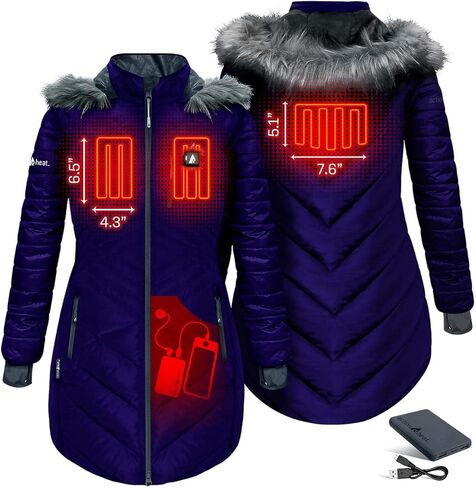 سترة منتفخة طويلة قابلة للتدفئة ببطارية 5 فولت للنساء مع غطاء رأس من الفرو الصناعي، تدفئة ثلاثية المناطق، تحكم باللمس، بنك الطاقة in Kuwait
