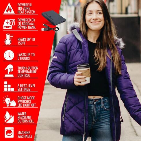 سترة منتفخة طويلة قابلة للتدفئة ببطارية 5 فولت للنساء مع غطاء رأس من الفرو الصناعي، تدفئة ثلاثية المناطق، تحكم باللمس، بنك الطاقة in Kuwait