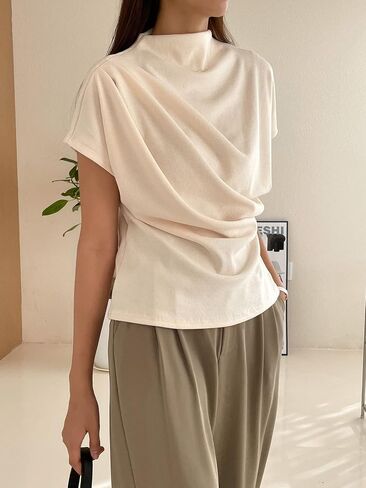 تي شيرت نسائي كاجوال بأكمام قصيرة ورقبة وهمية من SweatyRocks تي شيرت سادة مكشكش غير متماثل in Kuwait