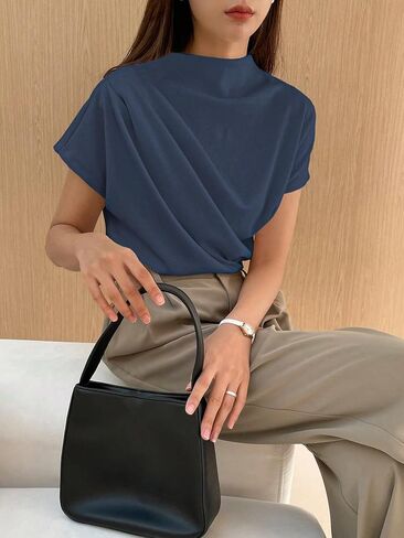 تي شيرت نسائي كاجوال بأكمام قصيرة ورقبة وهمية من SweatyRocks تي شيرت سادة مكشكش غير متماثل in Kuwait