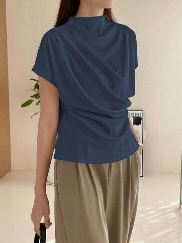 تي شيرت نسائي كاجوال بأكمام قصيرة ورقبة وهمية من SweatyRocks تي شيرت سادة مكشكش غير متماثل in Kuwait