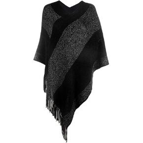 Women's Elegant Knitted Shawl Poncho with Fringed V-Neck Striped Sweater Pullover Cape Gifts for Women Mom