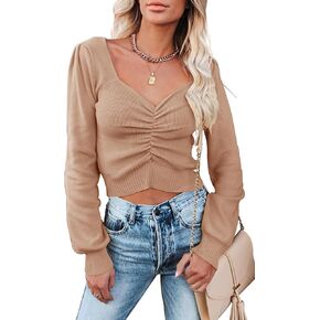 PRETTYGARDEN Fall Long Sleeve Cropped Sweaters for Women 2023 Off The Shoulder V Neck Ruched Ribbed Knit Going Out Tops in Saudi Arabia