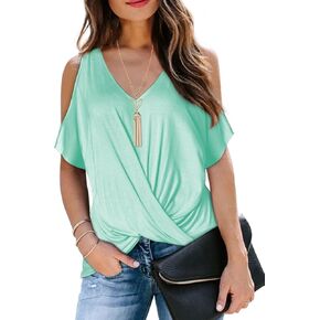LEIYEE Womens Summer Cold Shoulder Tops Short Sleeve Front Twist Knot V Neck T Shirts Draped Blouses in Saudi Arabia