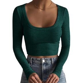 Square Neck Long Sleeve Crop Top for Women Sexy Basic Ribbed Tee Shirts Y2k Tops