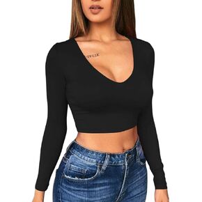 XXTAXN Women's Sexy Bodycon Basic Scoop Neck Long Sleeve Slim Solid Color Crop Top