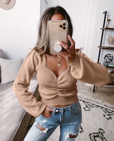 PRETTYGARDEN سترات خريفية بأكمام طويلة للسيدات 2023 مكشوفة الكتف ورقبة على شكل حرف V مكشكشة ومتماسكة ومتماسكة للخروج in Kuwait