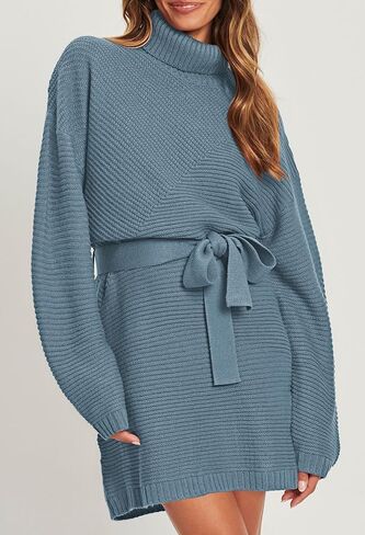 Pink Queen Women's 2023 Fall Sweater Dresses Turtleneck Batwing Long Sleeve Ribbed Knit Mini Short Dress with Belt in Saudi Arabia