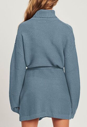 Pink Queen Women's 2023 Fall Sweater Dresses Turtleneck Batwing Long Sleeve Ribbed Knit Mini Short Dress with Belt in Saudi Arabia