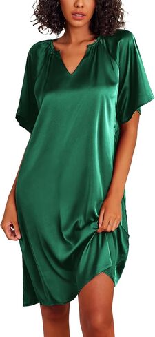 Ekouaer Women's Satin Nightgown Short Sleeve Silk Sleepshirt V Neck Sleepwear Boyfriend Loose Nightshirt in Saudi Arabia