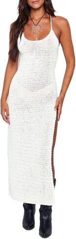 NUFIWI Crochet Knit Hollow Out Maxi Dress Elegant See Through Beach Dress High Waist Sleeveless Swimwear Cover Up Dress in Saudi Arabia