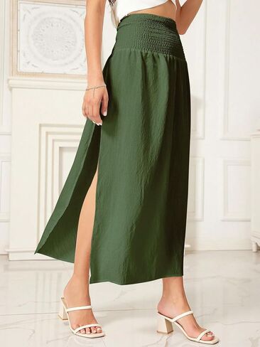 WDIRARA Women's High Slit Sarong Smocked High Waisted Swimsuit Coverup Maxi Skirt in Kuwait