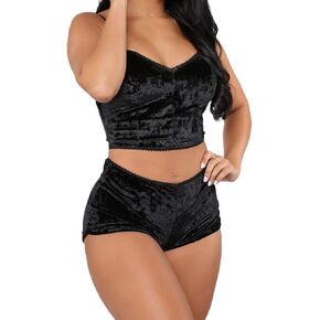 RUEWEY Women Sexy Strappy Babydoll Lingerie Satin Pajama Set Camisole with Shorts 2 Piece Sleepwear