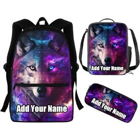WELLFLYHOM Flame Wolf School Backpack Bookbag for Boys Elementary School Bag with Insulated Thermal Lunch Boxes Tote Bag for Kids Pencil Case Teenagers Bagpack Rucksack for School Daycare