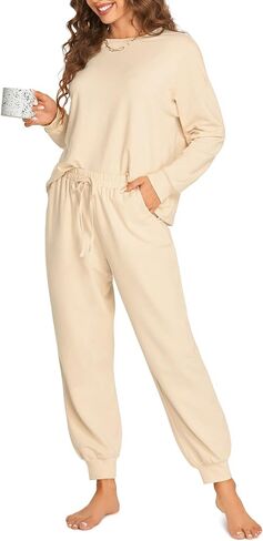 DOBREVA طقم بيجامات نسائي ناعم ومريح من القطن Pj Lounge مجموعات كم طويل بلوزات وسراويل Pjs Loungewear 2 قطعة in Saudi Arabia