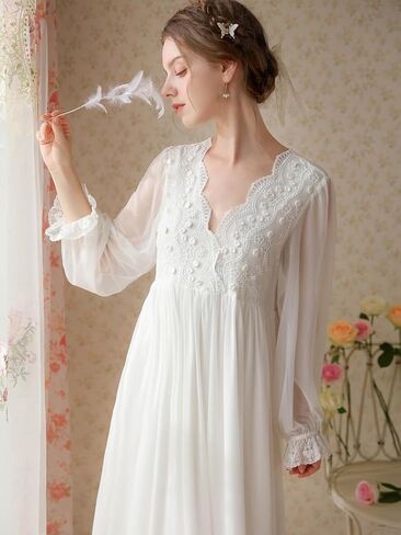 Hearttouch Women's Victorian Princess Nightgown Long Sleeve Nightdress Vintage Chiffon Nightgowns Bridal Pajamas Sleepwear in Saudi Arabia