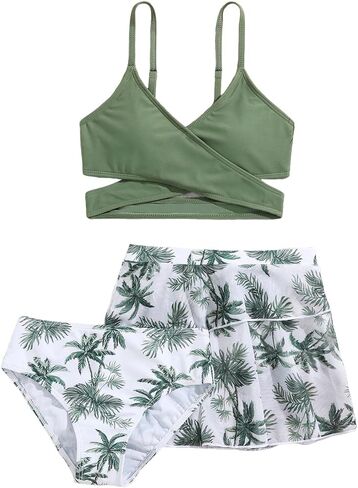 Cozyease Girl's 3 Piece Floral Bikini Sets Criss Cross Bathing Suits with Knot Side Ruched Beach Skirt in Saudi Arabia
