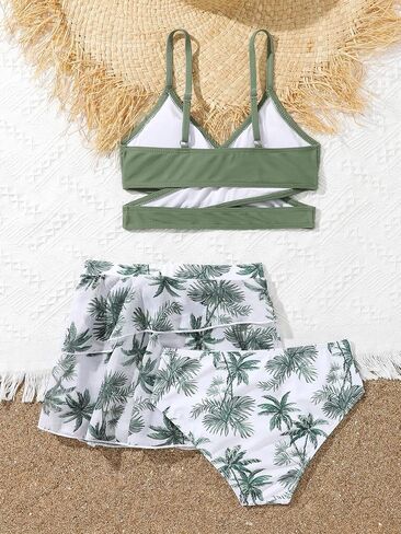 Cozyease Girl's 3 Piece Floral Bikini Sets Criss Cross Bathing Suits with Knot Side Ruched Beach Skirt in Saudi Arabia