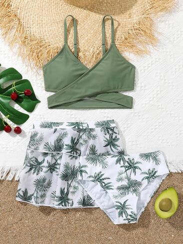 Cozyease Girl's 3 Piece Floral Bikini Sets Criss Cross Bathing Suits with Knot Side Ruched Beach Skirt in Saudi Arabia