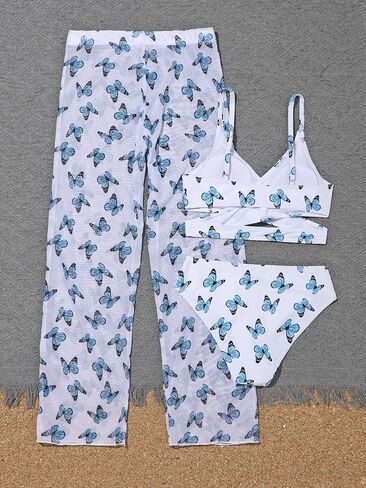 SHENHE Girl's 3 Piece Tropical Print Criss Cross High Waisted Bikini Swimsuit with Beach Pants in Saudi Arabia