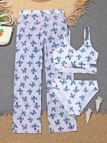 SHENHE Girl's 3 Piece Tropical Print Criss Cross High Waisted Bikini Swimsuit with Beach Pants in Saudi Arabia