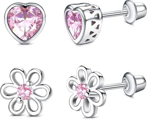 Jstyle 2 Pairs 925 Sterling Silver Screw Back Earrings for Women Heart Flower CZ Screw on Backs Earring Studs Tragus Cartilage Piercing Jewelry for Mother's Day in Saudi Arabia