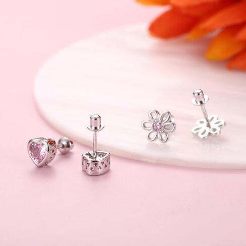 Jstyle 2 Pairs 925 Sterling Silver Screw Back Earrings for Women Heart Flower CZ Screw on Backs Earring Studs Tragus Cartilage Piercing Jewelry for Mother's Day in Saudi Arabia
