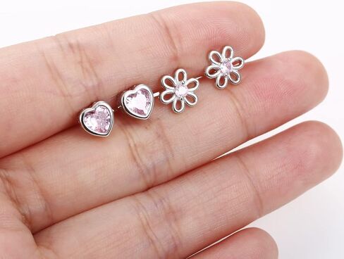 Jstyle 2 Pairs 925 Sterling Silver Screw Back Earrings for Women Heart Flower CZ Screw on Backs Earring Studs Tragus Cartilage Piercing Jewelry for Mother's Day in Saudi Arabia