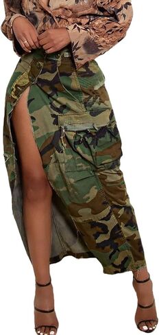 تنانير Molisry Cargo Camo للنساء تنورة طويلة قابلة للتمدد عالية الخصر وسحاب عالي الانقسام مع جيوب in Kuwait