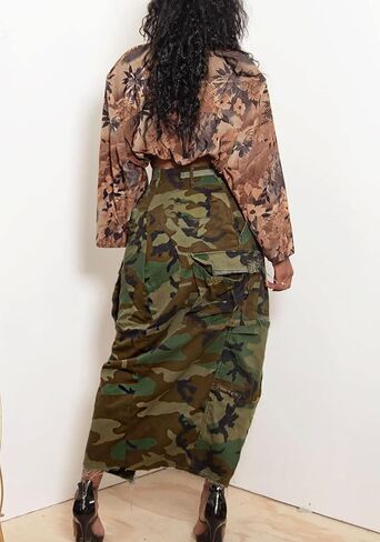 تنانير Molisry Cargo Camo للنساء تنورة طويلة قابلة للتمدد عالية الخصر وسحاب عالي الانقسام مع جيوب in Kuwait