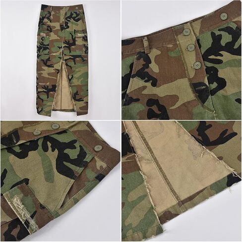 تنانير Molisry Cargo Camo للنساء تنورة طويلة قابلة للتمدد عالية الخصر وسحاب عالي الانقسام مع جيوب in Kuwait
